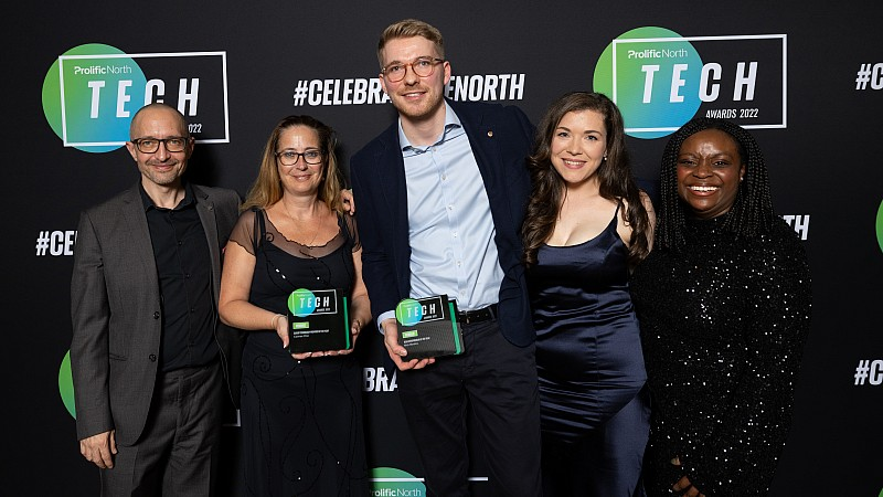 Photograph of the Connex One team holding their awards from the Prolific North Tech Awards 2022.